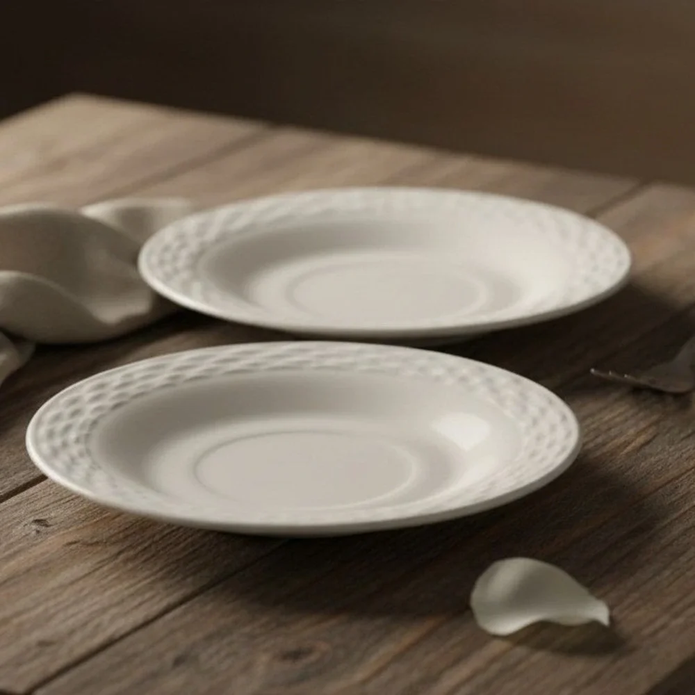 Anchor Hocking Fish Scale Ivory‎ White Basketweave Saucers, Set Of 2, Uranium